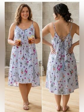 WallFlower Adjustable Strap Flowing Floral Striped Lace Up Sundress NEW 1X